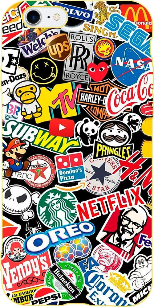 İphone 8 Sticker Mix Desenli Tasarımlı Sarı Telefon Kılıfı