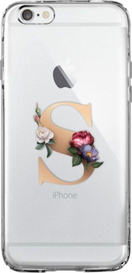 İphone 6 Plus / 6S Plus Şeffaf Kılıf Gold Renkli Çiçekli S Harfli Desenli