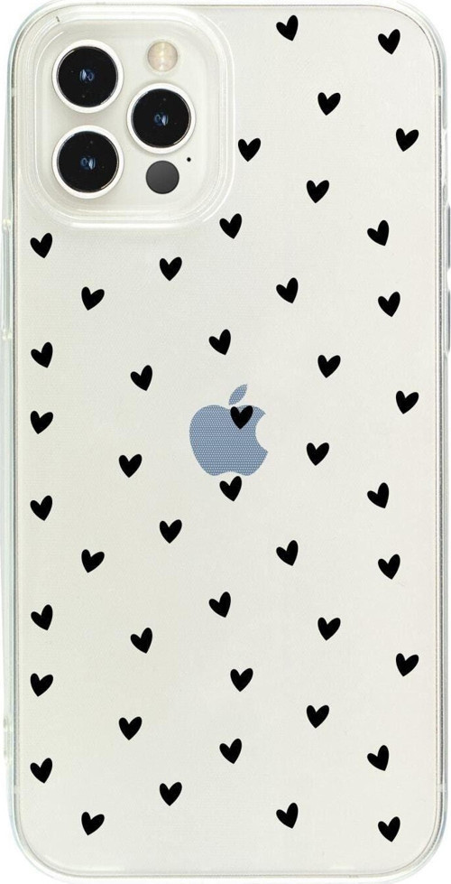 İphone 14 Pro Max Minik Kalpler Siyah Desenli Şeffaf Telefon Kılıfı
