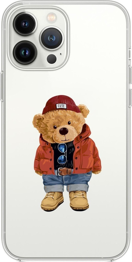 İphone 14 Pro Uyumlu Teddy Bear Desenli Şeffaf Silikonlu Telefon Kılıfı