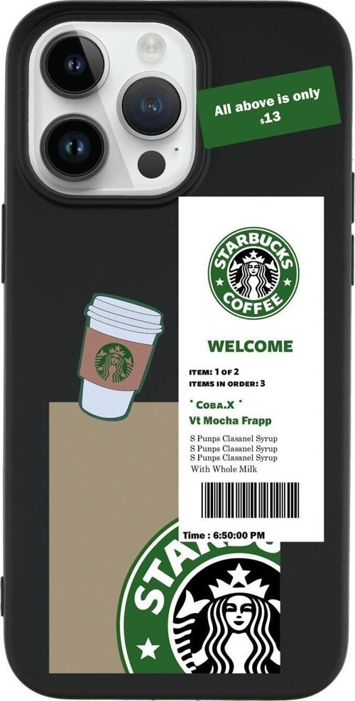 İphone 14 Pro Max Kahve Sticker Desenli Lansman Siyah Telefon Kılıfı
