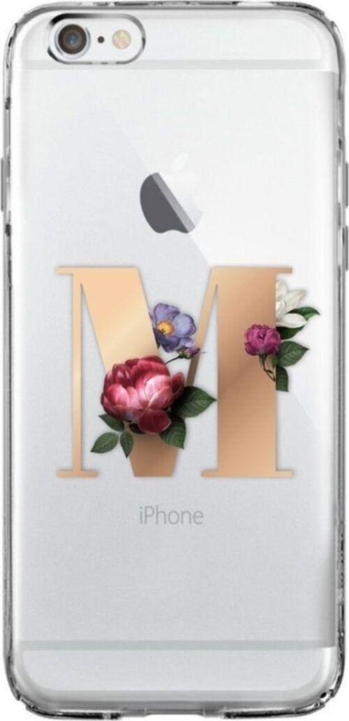 İphone 6 Plus / 6S Plus Şeffaf Kılıf Gold Renkli Çiçekli M Harfli Desenli