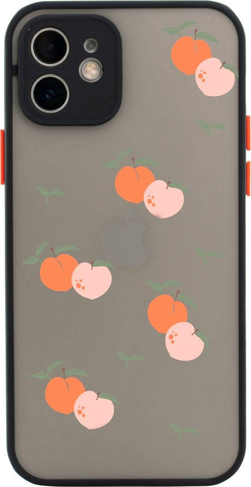 Iphone 11 Lüx Kamera Lens Korumalı Şeftali Desenli Siyah Telefon Kılıfı