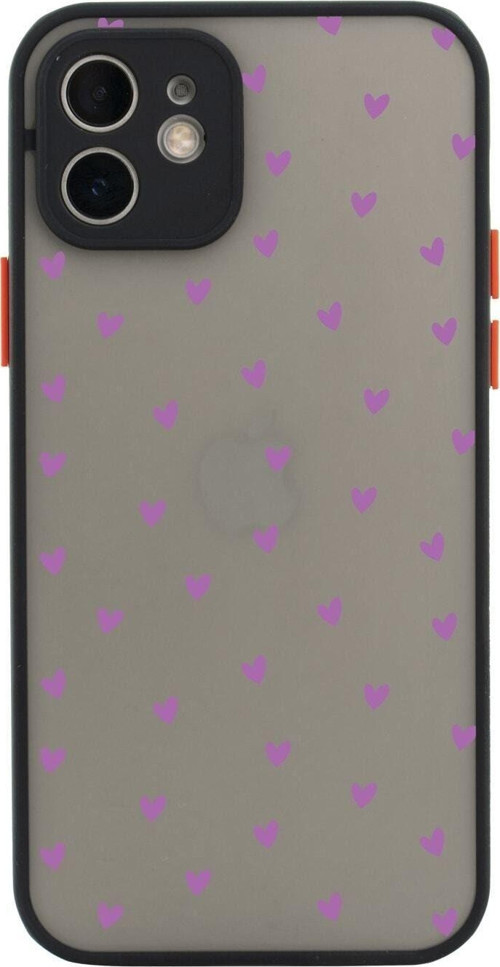Iphone 11 Lüx Kamera Lens Korumalı Minik Kalpler Mor Desenli Siyah Telefon Kılıfı