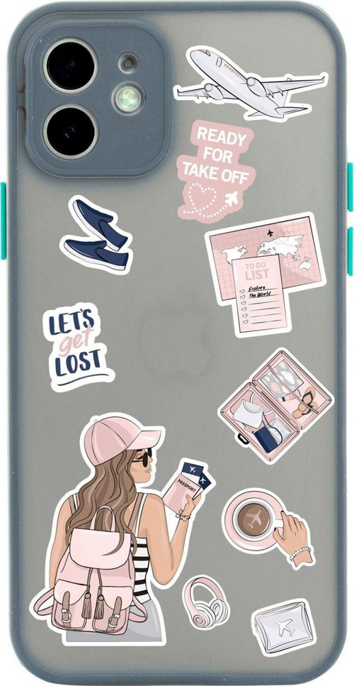 Iphone 11 Lüx Kamera Lens Korumalı Pink Travel Desenli Gri Telefon Kılıfı