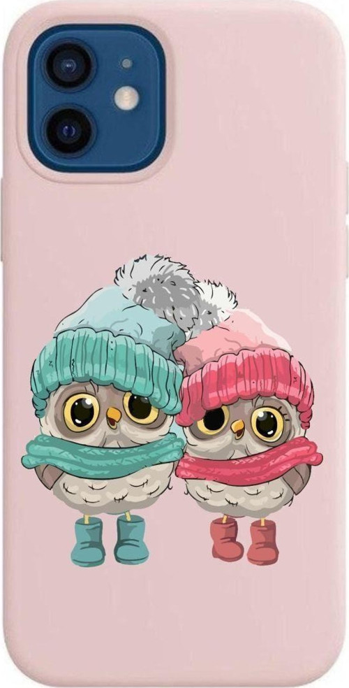 İphone 12 Bereli Baykuşlar Tasarımlı Pembe Telefon Kııfı