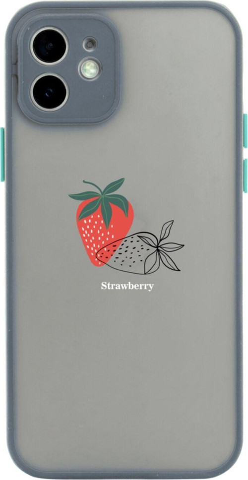 Iphone 11 Lüx Kamera Lens Korumalı Strawberry Tasarımlı Gri Telefon Kılıfı
