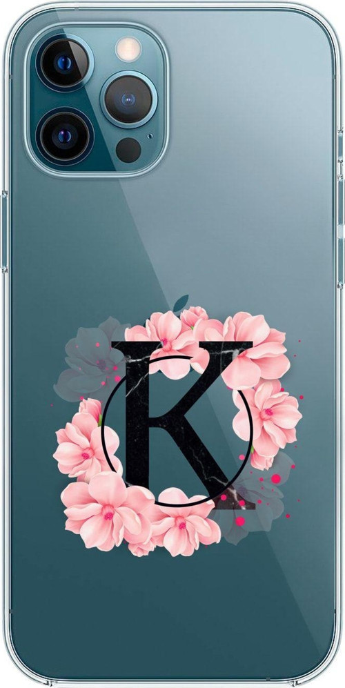 Iphone 12 Pro Max Pembe Çiçek Desen K Harfli Premium Şeffaf Telefon Kılıfı Transparan13