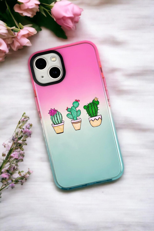İphone 15 Uyumlu Üçlü Kaktüs Desenli Premium Rainbow Silikonlu Telefon Kılıfı