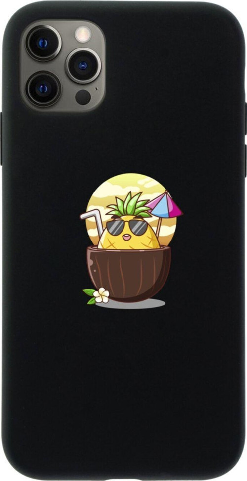 Iphone 12 Pro Güneşlenen Ananas Tasarımlı Siyah Telefon Kılıfı