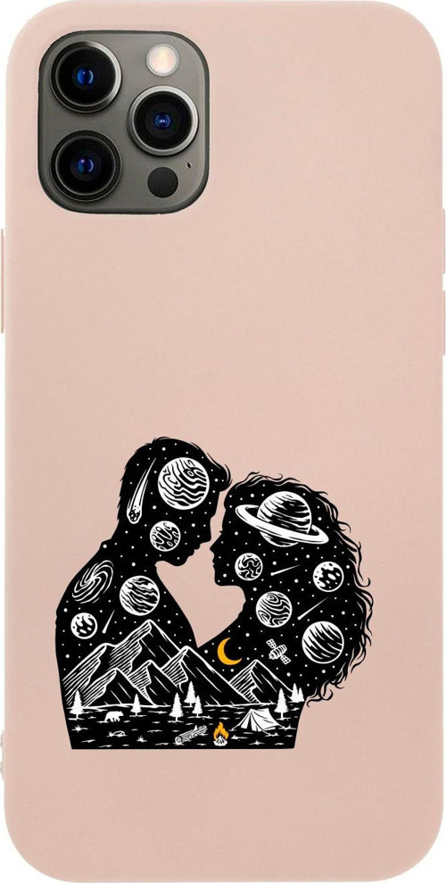 Iphone 12 Pro Romantic Illustration Tasarımlı Pembe Telefon Kılıfı