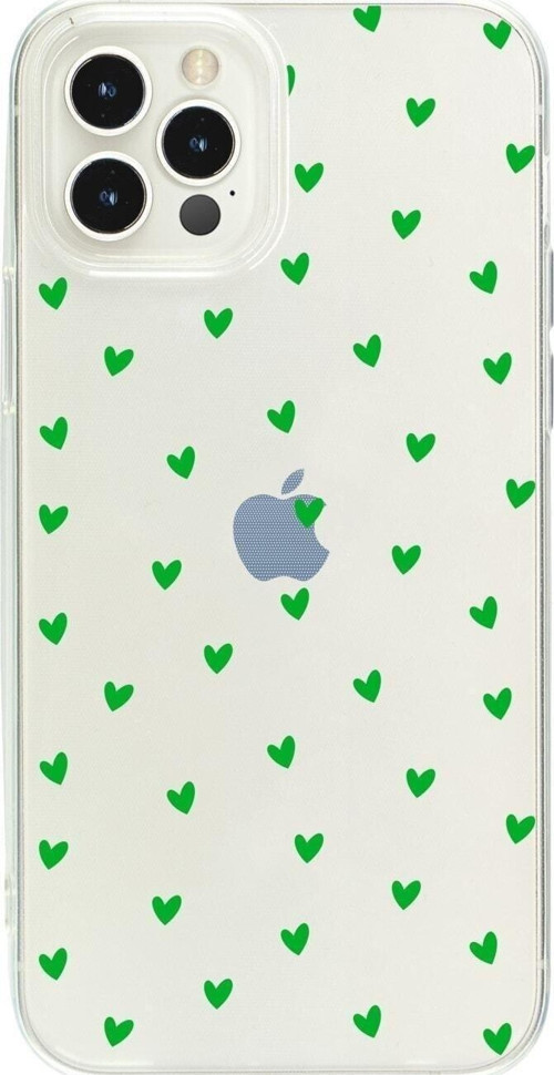 İphone 15 Pro Max Minik Kalpler Yeşil Desenli Şeffaf Telefon Kılıfı