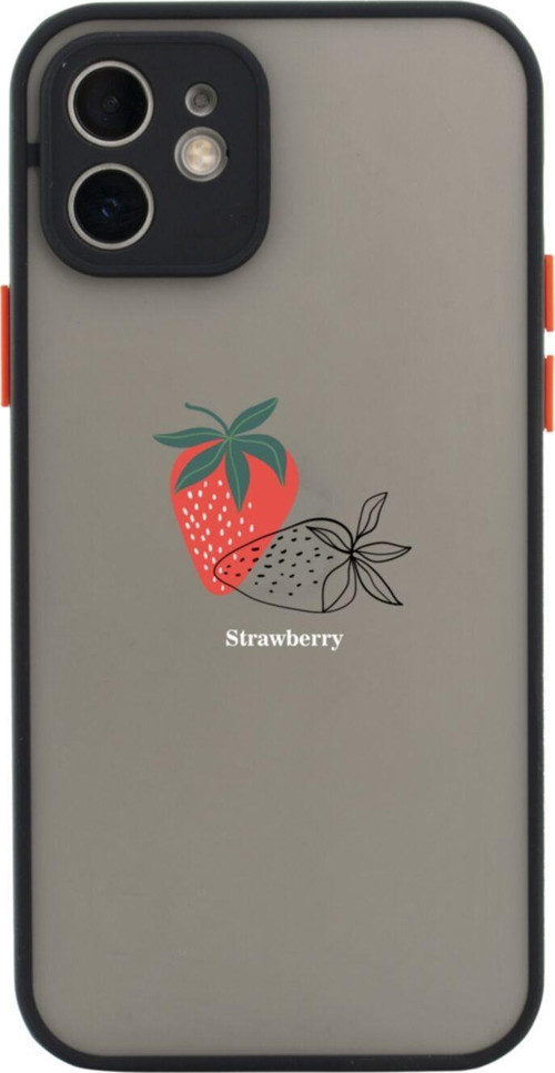 Iphone 11 Lüx Kamera Lens Korumalı Strawberry Tasarımlı Siyah Telefon Kılıfı