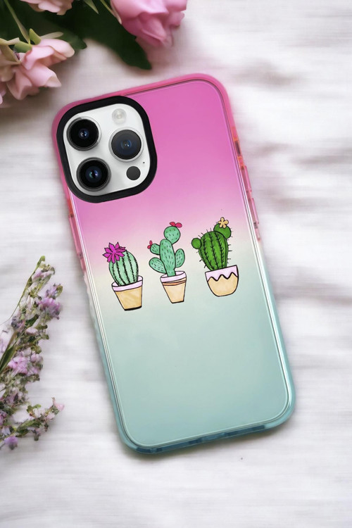 İphone 15 Pro Max Uyumlu Üçlü Kaktüs Desenli Premium Rainbow Silikonlu Telefon Kılıfı