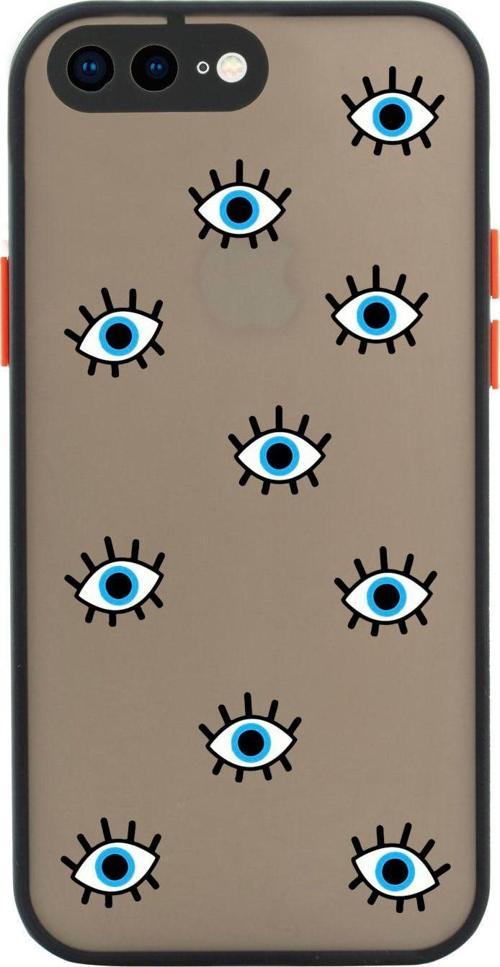 İphone 8 Plus Uyumlu Siyah Kamera Lens Korumalı Nazar Gözler Desenli Lüx Telefon Kılıfı