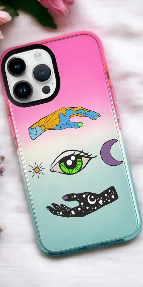İphone 15 Pro Max Uyumlu Evrendeki Göz Desenli Premium Rainbow Silikonlu Telefon Kılıfı