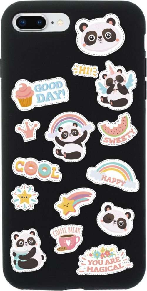 İphone 8 Plus Sticker Panda Tasarımlı Siyah Telefon Kılıfı