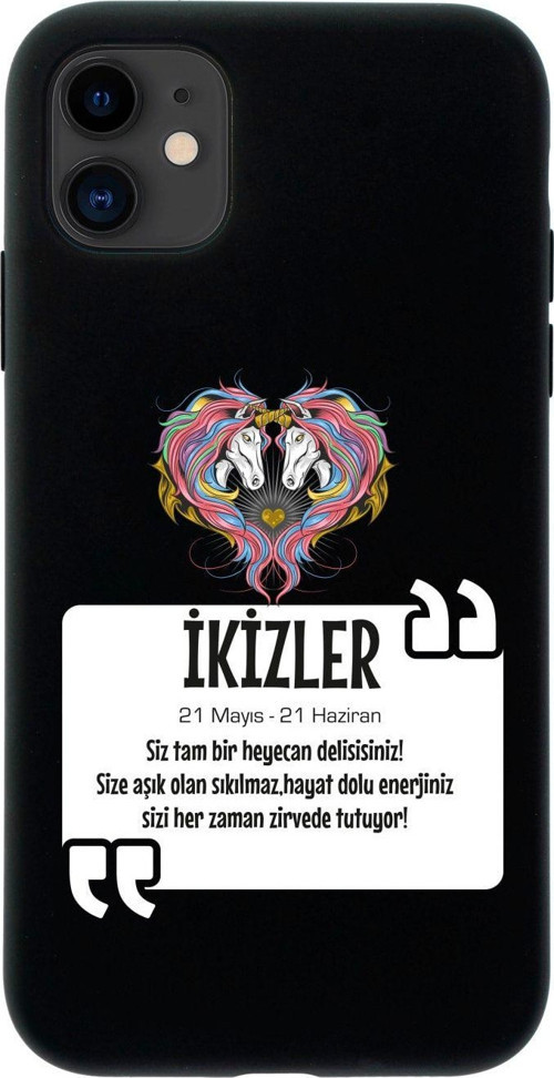 Iphone 11 Ikizler Burcu Tasarımlı Siyah Telefon Kılıfı