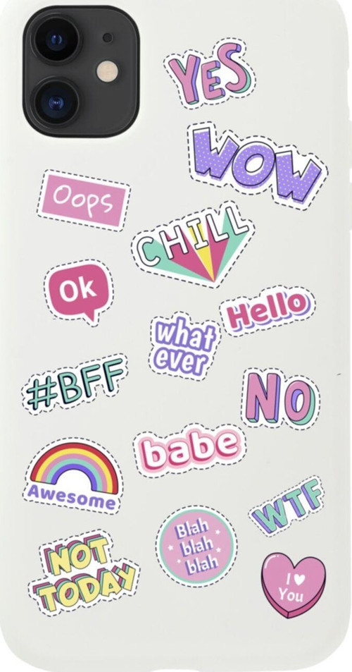 Iphone 11 Stickers Tasarımlı Beyaz Telefon Kılıfı