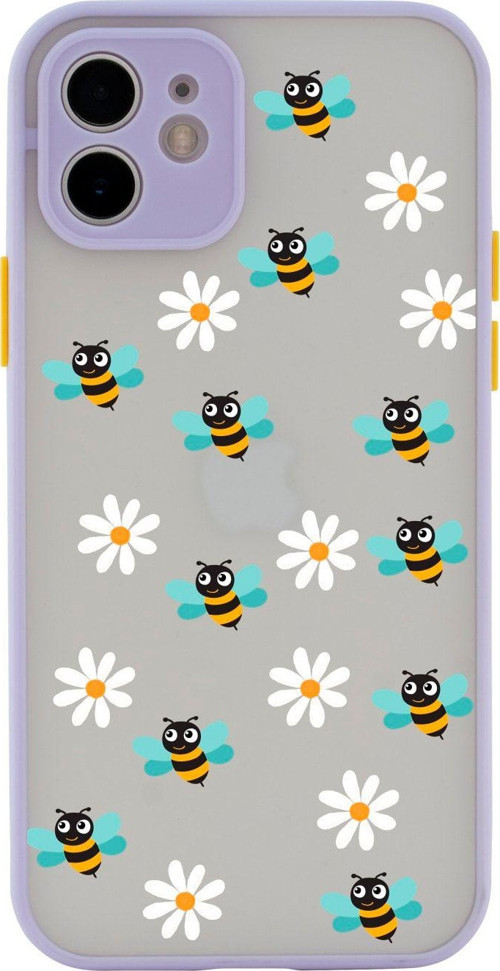 Iphone 11 Uyumlu Lüx Kamera Lens Korumalı Bee Etiket Desenli Lila Telefon Kılıfı