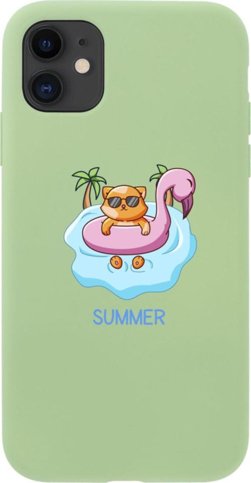 Iphone 11 Summer Cat Tasarımlı Yeşil Telefon Kılıfı