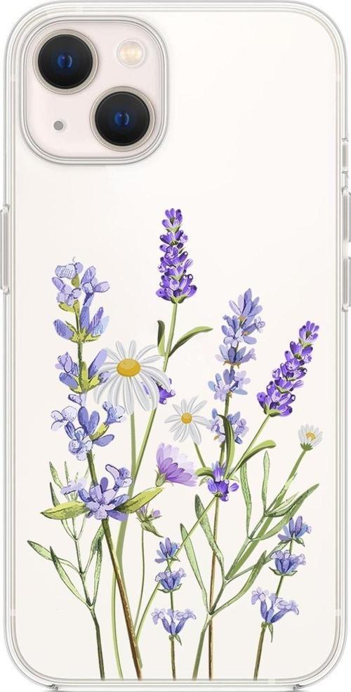 İphone 14 Uyumlu Lavender Desenli Şeffaf Silikonlu Telefon Kılıfı