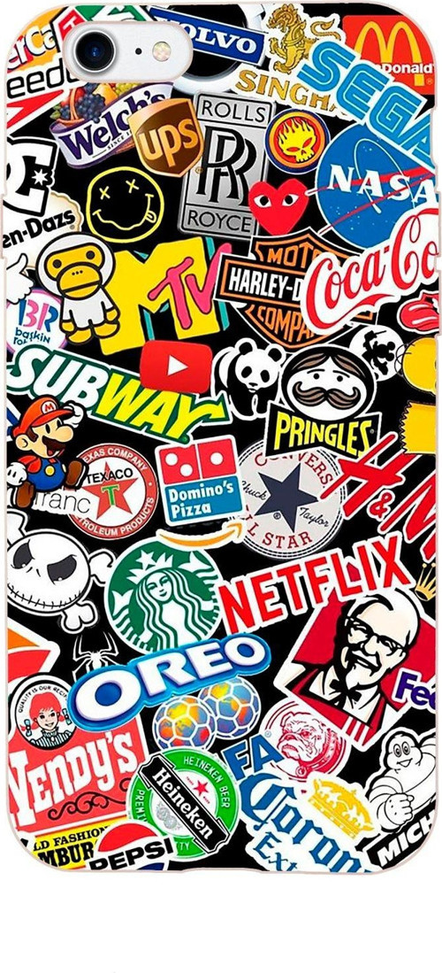 İphone 8 Sticker Mix Desenli Tasarımlı Pembe Telefon Kılıfı