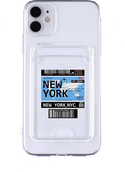 İphone 12 Uyumlu New York Ticket Desenli Şeffaf Kamera Korumalı Ve Kartlıklı Telefon Kılıfı