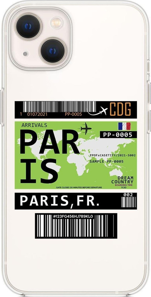 İphone 14 Plus Uyumlu Paris Ticket Desenli Şeffaf Silikonlu Telefon Kılıfı