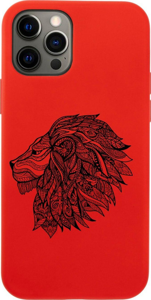 Iphone 12 Pro Max Çizim Aslan Tasarımlı Kırmızı Telefon Kılıfı