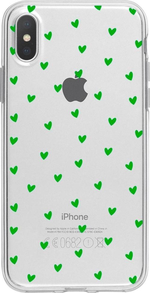 İphone Xs Minik Kalpler Yeşil Desenli Şeffaf Telefon Kılıfı