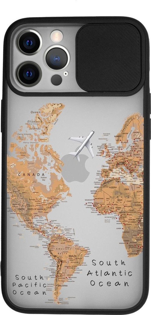 Iphone 12 Pro Max Dünya Harita Desenli Kamera Koruma Sürgülü Kapaklı Telefon Kılıfı