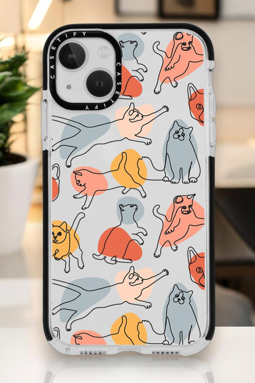 İphone 15 Plus Uyumlu Sevimli Kedi Figürleri Desenli Casetify Darbe Emci Silikonlu Telefon Kılıfı