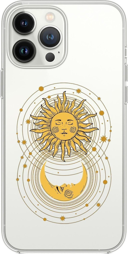 İphone 14 Pro Max Uyumlu Moon And Sun Desenli Şeffaf Silikonlu Telefon Kılıfı