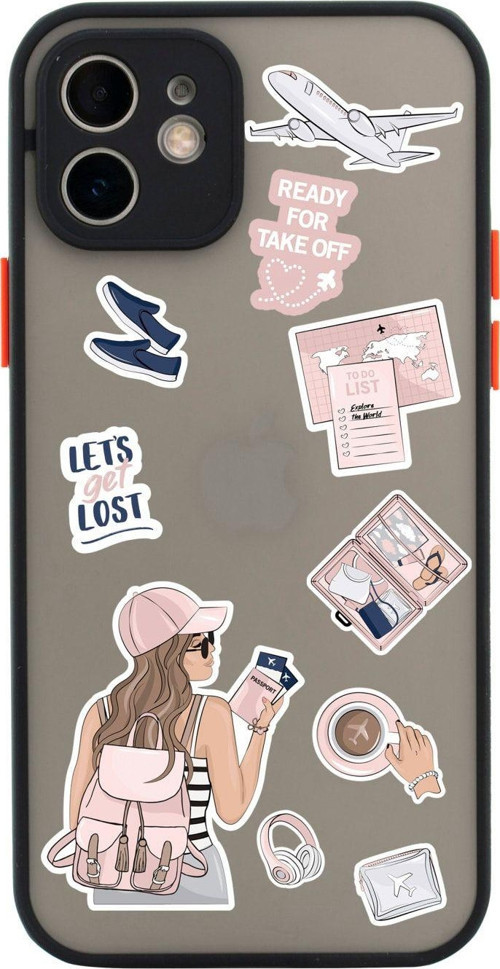 Iphone 11 Lüx Kamera Lens Korumalı Pink Travel Desenli Siyah Telefon Kılıfı