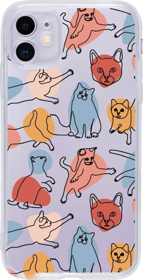 Iphone 11 Uyumlu Sevimli Kedi Figürleri Desenli Premium Şeffaf Silikon Kılıf