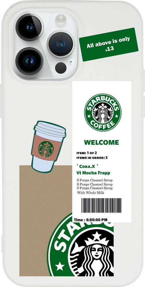 İphone 14 Pro Max Kahve Sticker Desenli Lansman Beyaz Telefon Kılıfı