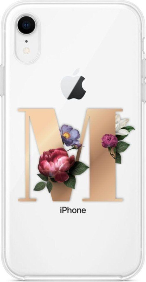 İphone Xr Şeffaf Kılıf Gold Renkli Çiçekli M Harfli Desenli