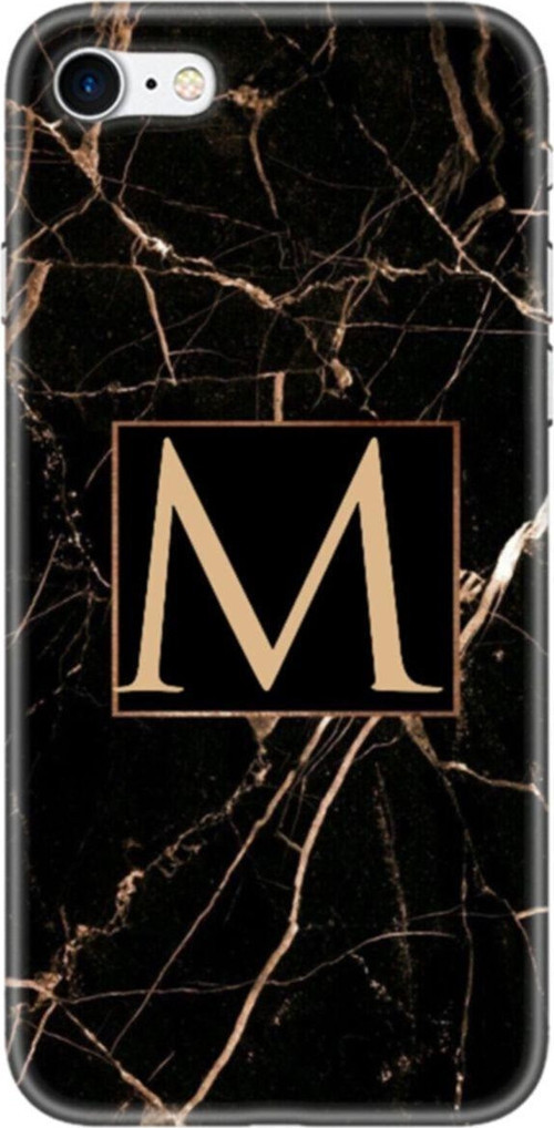 İphone 7 Telefon Kılıfı Siyah Mermer Desen M Harfli