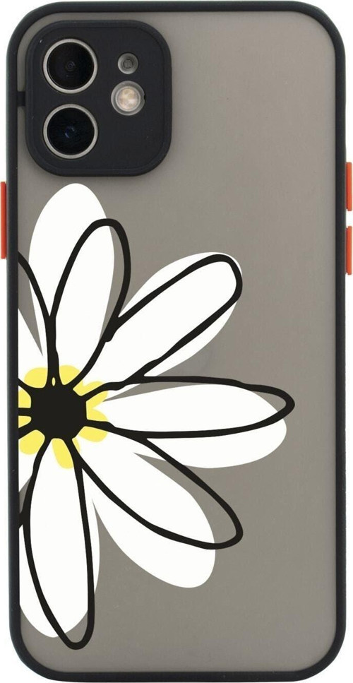 Iphone 11 Lüx Kamera Lens Korumalı Papatya Desenli Siyah Telefon Kılıfı