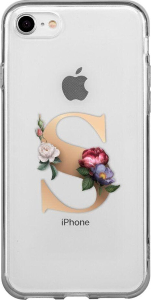 İphone 8 Şeffaf Kılıf Gold Renkli Çiçekli S Harfli Desenli