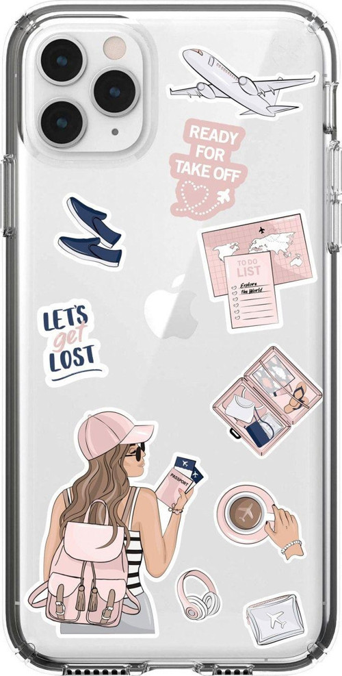 Iphone 11 Pro Max Pink Travel Desenli Şeffaf Telefon Kılıfı