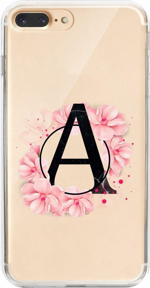 İphone 7 Plus Uyumlu Pembe Çiçek Desen A Harfli Şeffaf Kılıf