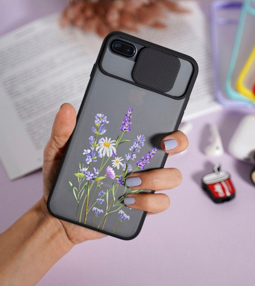İphone 7 Plus Lavender Desenli Kamera Korumalı Siyah Telefon Kılıfı
