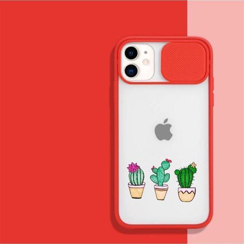 Iphone 11 Kaktüs Desenli Kamera Korumalı Kırmızı Telefon Kılıfı