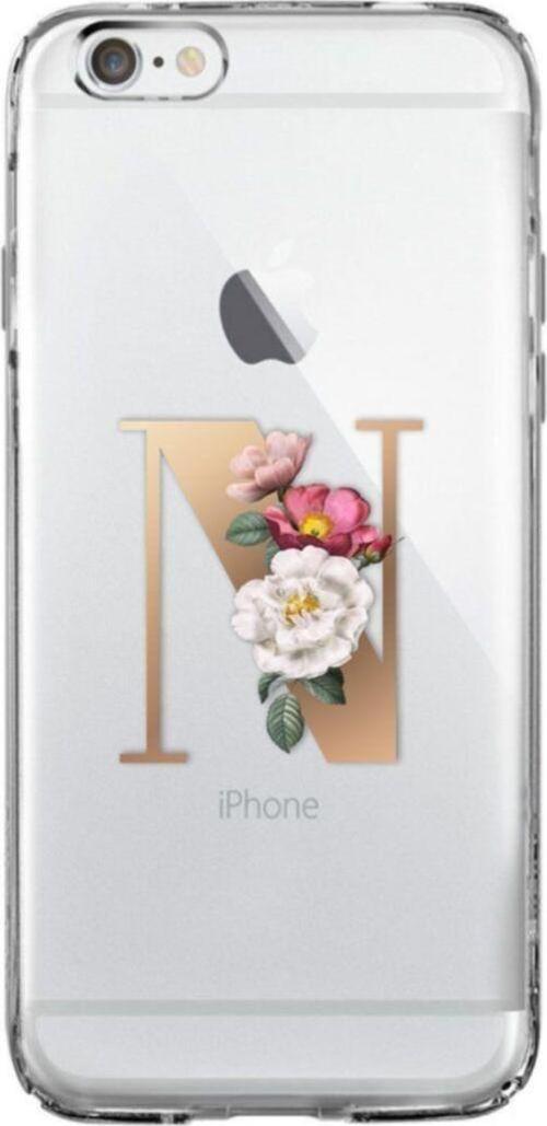 İphone 6 Plus / 6S Plus Şeffaf Kılıf Gold Renkli Çiçekli N Harfli Desenli