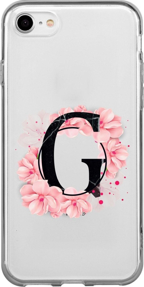 İphone 7 Pembe Çiçek Desen G Harfli Şeffaf Kılıf