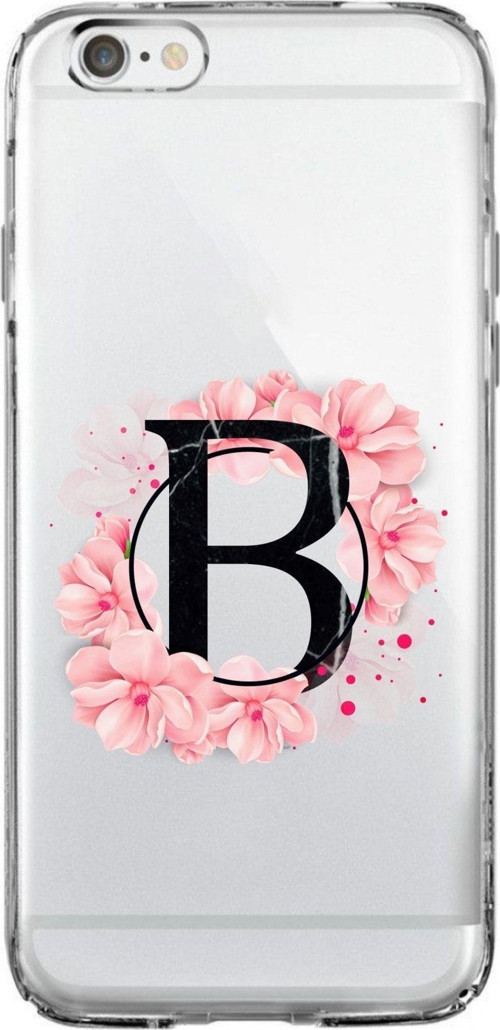 İphone 6 Plus Uyumlu Pembe Çiçek Desen B Harfli Şeffaf Kılıf