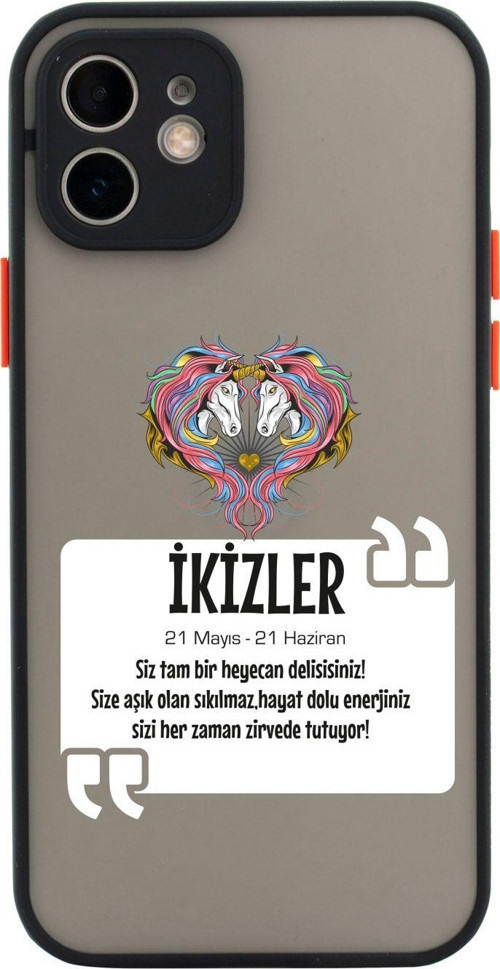 Iphone 11 Lüx Kamera Lens Korumalı Ikizler Burcu Desenli Siyah Telefon Kılıfı