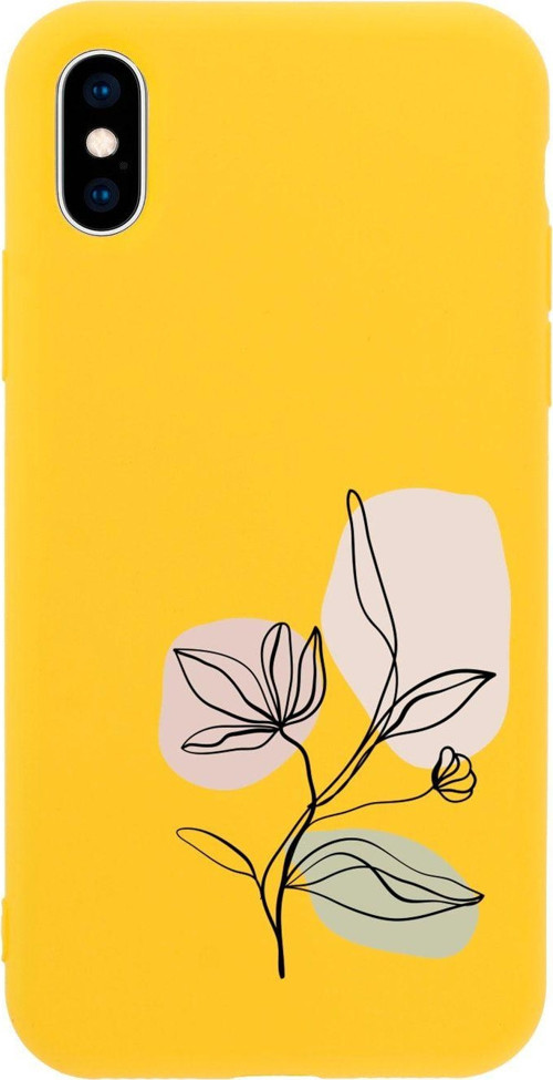 İphone X Art Pink Flower Tasarımlı Sarı Telefon Kılıfı